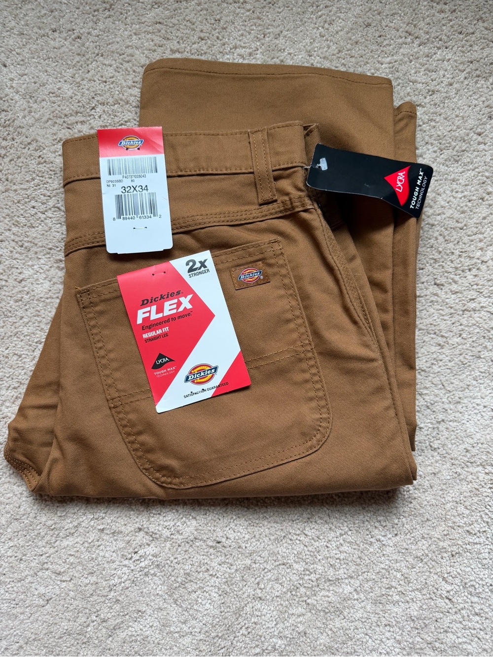 DICKIES Flex Regular Fit Double Knee Pant Men's Sz 32x34 Stonewashed Brown Duck